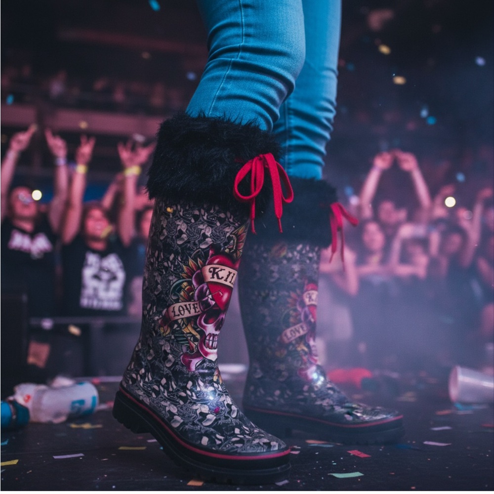 Vintage ED Hardy Skull Print rain Boots with Red Laces and fur